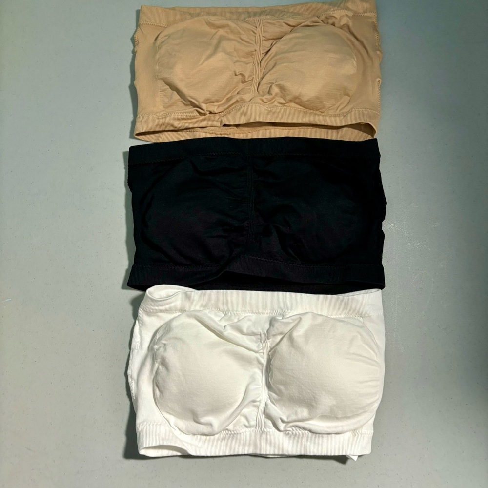 3 Pack Bundle Bandeau Bralette Strapless Nude, Black and White L
